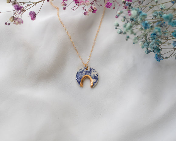 Blue Floral Porcelain Necklace with Gold Detail