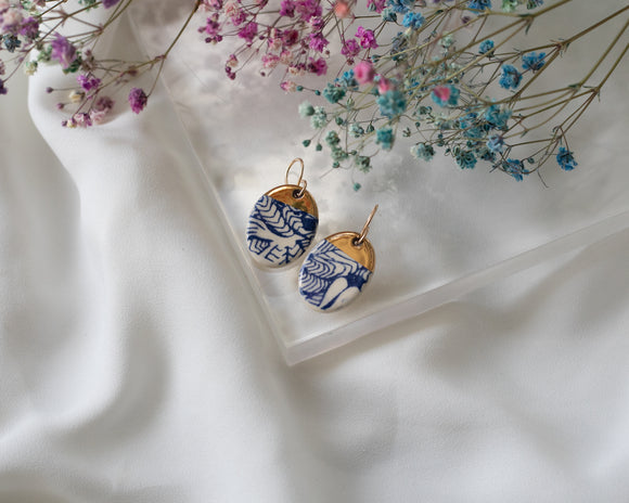 Blue Floral and Gold Porcelain Drop Earrings