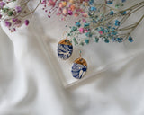 Blue Floral and Gold Porcelain Drop Earrings