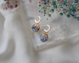 Porcelain and Gold Blue Floral Drop Earrings with Gold Huggie Hoops
