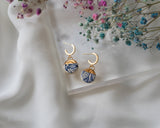 Porcelain and Gold Blue Floral Drop Earrings with Gold Huggie Hoops