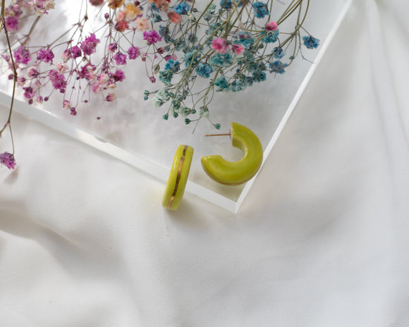 Porcelain and Gold Neon Green 3/4 Hoop Earrings