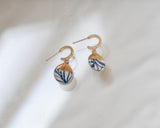 Porcelain and Gold Blue Floral Drop Earrings with Gold Huggie Hoops
