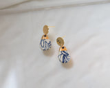 Porcelain and Gold Blue Floral Teardrop Drop Earrings