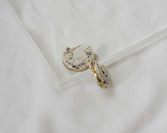 Black Speckled Porcelain and Gold 3/4 Hoop Earrings