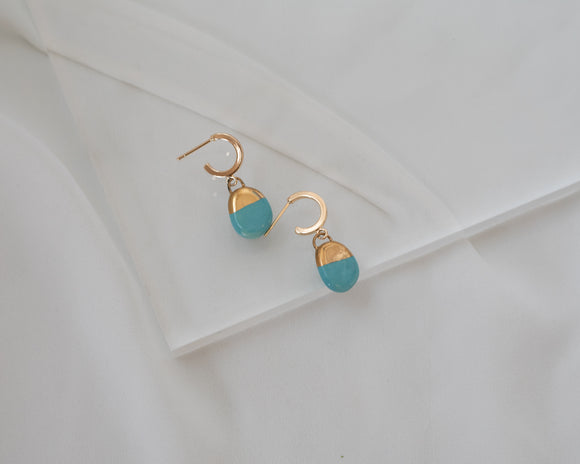 Porcelain and Gold Turquoise Drop Earrings with Huggie Hoops