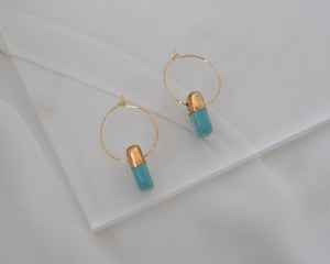 Porcelain and Gold Turquoise Hoop Earrings