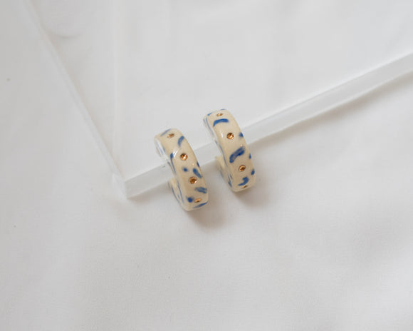 Porcelain, Gold and Blue 3/4 Hoop Earrings