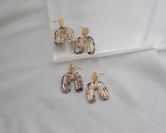 Porcelain and Gold Blue Floral Drop Arch Earrings