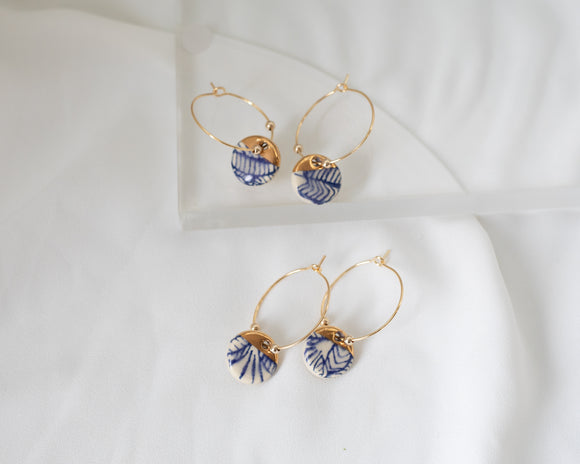 Porcelain and Gold Blue Floral Hoop Earrings