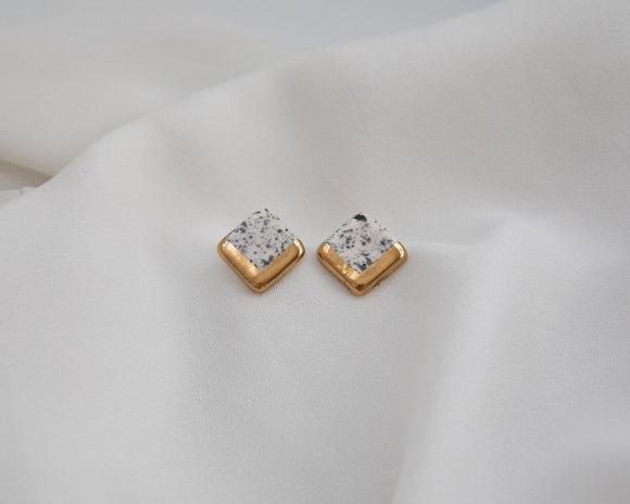 Gold and Porcelain Black Speckled Square Studs