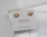 Gold and Porcelain Black Speckled Square Studs