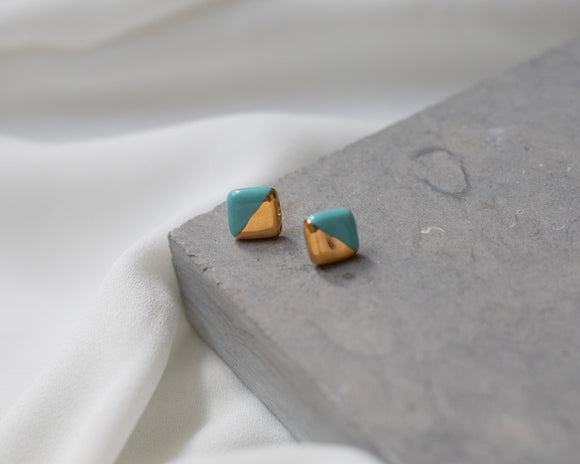 Gold and Porcelain Turquoise Mini Square Studs. Gold Filled Posts